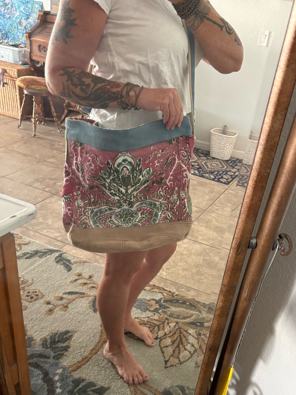 Lucky Brand Pink and Green XL Canvas Leather Shoulder Bag with Tan Suede Trim - Picture 14 of 16